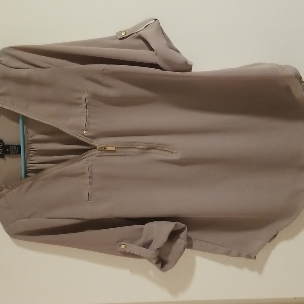 Taupe long sleeve zip up blouse- Medium